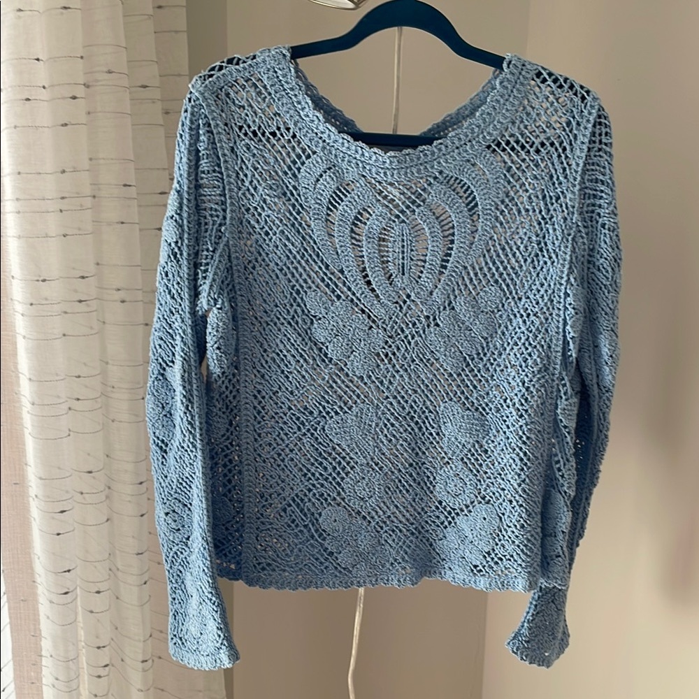 Ultra Pink Blue Crew Neck Sweater with Heart Cable Design